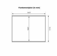 Fundamentplan mit Maßangaben in Millimetern für ein Gartenhaus oder Gerätehaus.