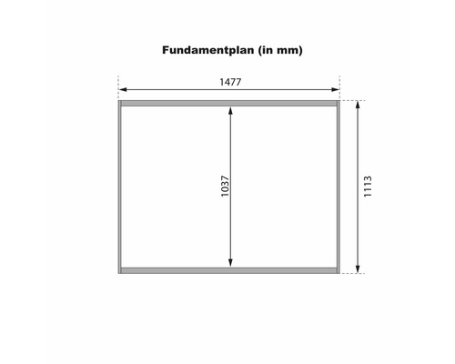 Fundamentplan mit Maßangaben in Millimetern für ein Gartenhaus oder Gerätehaus.