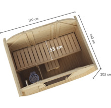 Sauna aus Holz mit Saunabank und Ofen, Ansicht von oben mit Maßen, 199 mal 140 mal 205 Zentimeter