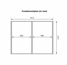 Technischer Fundamentplan für ein Gartenhaus mit Maßen in Millimetern.