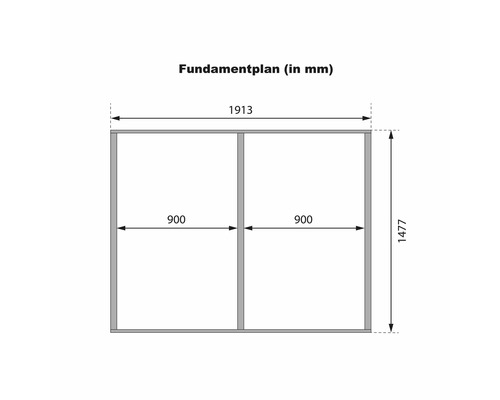 Technischer Fundamentplan für ein Gartenhaus mit Maßen in Millimetern.