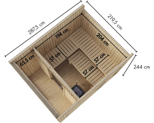 Sauna Haus mit Vorraum aus Holz in der Draufsicht inklusive Maßangaben zur Planung