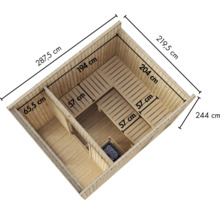 Draufsicht einer Holzsauna mit Maßangaben der Innenbereiche, der Sitzbänke und der Gesamtaußenmaße.