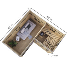 Draufsicht einer Holzsauna mit integriertem Wohnbereich und Maßangaben für die Planung