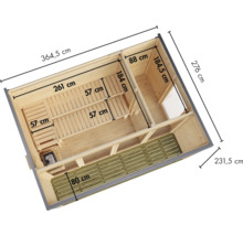 Draufsicht einer Gartensauna aus Holz mit Maßangaben und Terrasse.