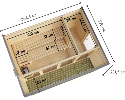 Maßzeichnung einer modernen Gartensauna mit Vorraum und Terrasse aus Holz in der Vogelperspektive mit allen wichtigen Außen- und Innenmaßen.