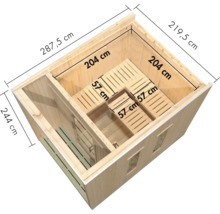 Holzsauna mit Vorraum und Bänken, Draufsicht mit eingetragenen Maßen in Zentimetern.