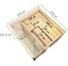 Sauna aus Holz mit Maßangaben in einer Draufsicht zur Veranschaulichung der Innenmaße und Sitzbankkonfiguration.