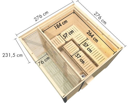 Sauna aus Holz mit Maßangaben in der Vogelperspektive, inklusive Sitzbänken und integriertem Saunabereich.