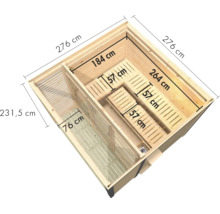 Draufsicht einer Holzsauna mit Maßangaben in Zentimetern und integriertem Vorraum mit Sitzbänken.