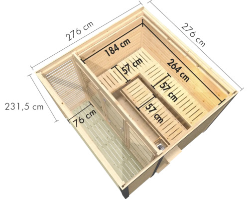 Draufsicht einer Holzsauna mit Maßangaben in Zentimetern und integriertem Vorraum mit Sitzbänken.