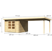 Holzgartenhaus mit Schleppdach und Doppeltür, inklusive Bemaßungen, Gesamtlänge 714 Zentimeter, Wandstärke aus Holzbohlen.