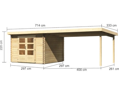 Holzgartenhaus mit Schleppdach und Doppeltür, inklusive Bemaßungen, Gesamtlänge 714 Zentimeter, Wandstärke aus Holzbohlen.