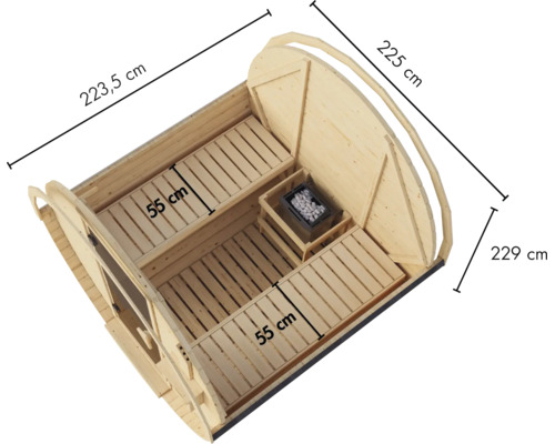 Draufsicht einer Fasssauna aus Holz mit Bänken und Saunaofen, inklusive Bemaßungen von 223,5 cm, 225 cm, 229 cm und 55 cm für die Sitzbänke.