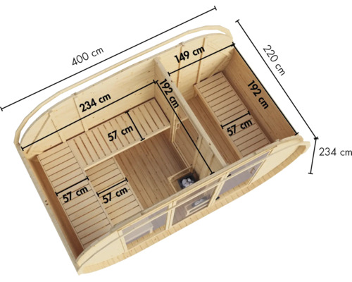 Maßzeichnung einer Fasssauna aus Holz mit Innenansicht, Sitzbänken und Raumaufteilung sowie Bemaßung der einzelnen Bereiche in Zentimetern.