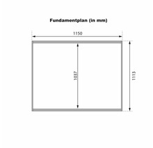 Technischer Fundamentplan mit Maßangaben in Millimetern zur Vorbereitung des Untergrunds für ein Gartenhaus oder Gerätehaus.