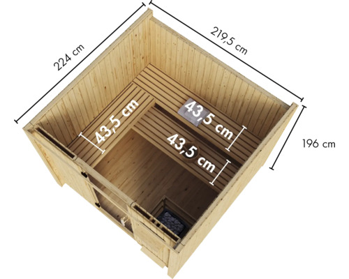 Sauna aus Holz mit zwei Liegeebenen und Saunaofen in der Draufsicht mit Maßangaben zur Planung.