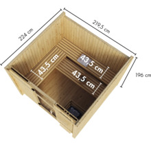 Saunahaus aus Holz mit Bank und Saunaofen in der Draufsicht mit eingetragenen Maßen in Zentimetern.