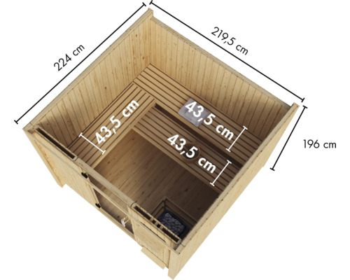 Sauna aus Holz mit Maßangaben in Zentimetern, Draufsicht auf das Innere mit zwei Eckbänken, Boden und Saunaofen.