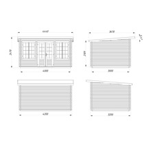 Technische Zeichnung eines Gartenhauses mit Pultdach, Maßen für Breite, Tiefe und Höhe, Doppeltür und Fenstern.