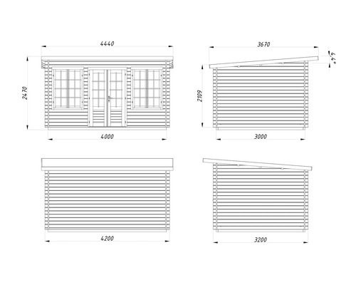 Technische Zeichnung eines Gartenhauses mit Pultdach, Maßen für Breite, Tiefe und Höhe, Doppeltür und Fenstern.