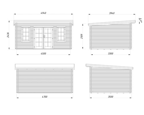 Technische Zeichnung eines Gartenhauses mit Pultdach, Ansichten von vorne, hinten und der Seite mit Maßangaben in Millimeter.