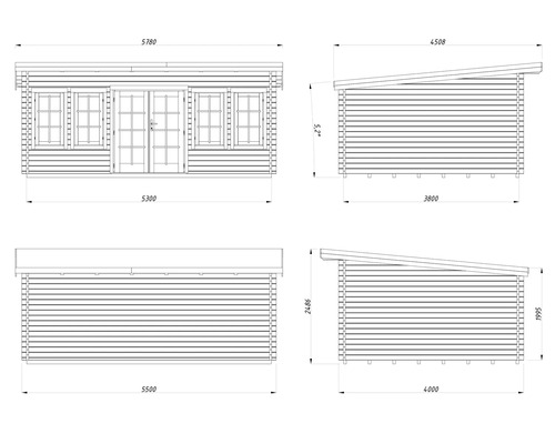 Technische Zeichnung eines Gartenhauses mit Pultdach, Vorderansicht, Rückansicht und Seitenansichten mit Maßangaben in Millimeter.