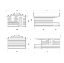 Maßzeichnung eines Gartenhauses aus Holz mit Vorderansicht, Rückansicht, Seitenansichten, Außenmaßen und Dachneigung von 17,6 Grad.