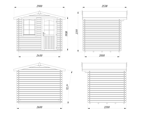 Maßzeichnung eines Gartenhauses mit Angaben in Millimetern und Grad für Breite, Höhe und Dachneigung.