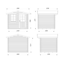 Maßzeichnung eines Gartenhauses mit Angaben in Millimetern und Grad für Breite, Höhe und Dachneigung.