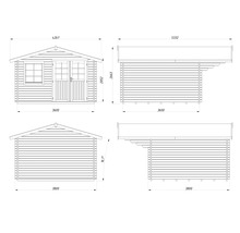 Technische Zeichnung eines Gartenhauses aus Holz mit Maßangaben für Frontansicht, Seitenansicht und Rückansicht.