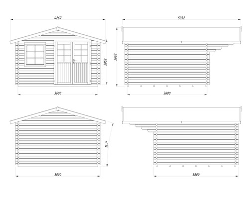 Technische Zeichnung eines Gartenhauses aus Holz mit Maßangaben für Frontansicht, Seitenansicht und Rückansicht.