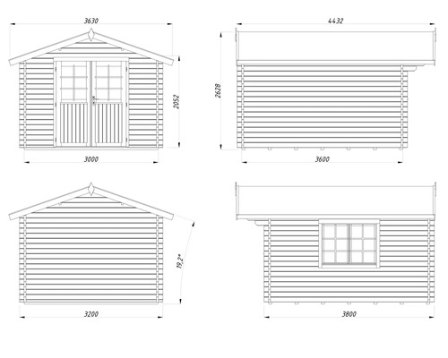Technische Zeichnung eines Gartenhauses mit Maßen, zeigt Front mit Doppeltür, Seitenansicht mit Fenster, Rückansicht und Dachneigung 19,2 Grad.