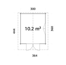 Grundriss Gartenhaus, Fläche 10,2 Quadratmeter, Wandaußenmaß 300 mal 360 Zentimeter, Dachmaß 364 mal 444 Zentimeter.