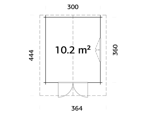 Grundriss Gartenhaus, Fläche 10,2 Quadratmeter, Wandaußenmaß 300 mal 360 Zentimeter, Dachmaß 364 mal 444 Zentimeter.