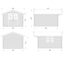 Technische Zeichnung eines Gartenhauses mit Maßen, zeigt Front mit Doppeltür, Seitenansicht mit Fenster, Rückansicht und Dachneigung 19,2 Grad.