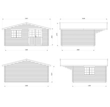 Technische Zeichnung eines Gartenhauses aus Holz mit Maßangaben für Frontansicht, Seitenansichten und Rückansicht sowie Dachneigung von 13,9 Grad.
