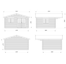 Technische Zeichnung eines Gartenhauses aus Holz mit detaillierten Maßangaben für Frontansicht, Seitenansichten und Rückansicht.