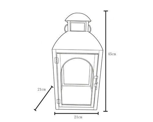 Skizze einer Laterne mit Maßen: Höhe 45 Zentimeter, Breite 21 Zentimeter, Tiefe 21 Zentimeter.