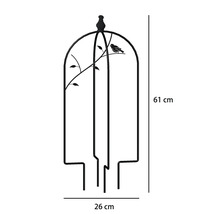 Rankhilfe aus Metall mit Vogel- und Blattdekor, 61 Zentimeter hoch und 26 Zentimeter breit.