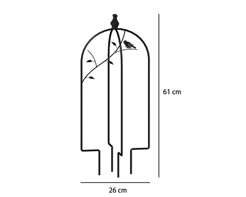 Rankhilfe aus Metall mit Vogel- und Blattdekor, 61 Zentimeter hoch und 26 Zentimeter breit.