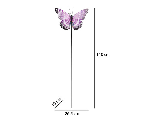 Gartenstecker mit lilafarbenem Schmetterling, Höhe 110 Zentimeter, Breite 26,5 Zentimeter, Tiefe 10 Zentimeter.