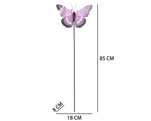 Lilafarbener Gartenstecker Schmetterling, Höhe 85 Zentimeter, Breite 18 Zentimeter, Tiefe 8 Zentimeter.