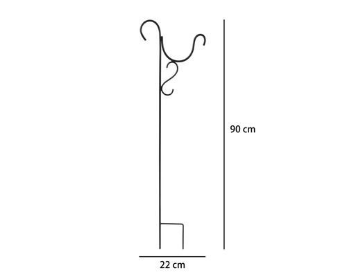 Gartenstab aus Metall mit Haken für Blumenampeln, Höhe 90 Zentimeter, Breite 22 Zentimeter.