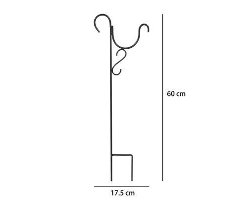 Schwarzer Gartenstab aus Metall mit S-Verzierung für Laternen, Höhe 60 Zentimeter, Breite 17,5 Zentimeter.
