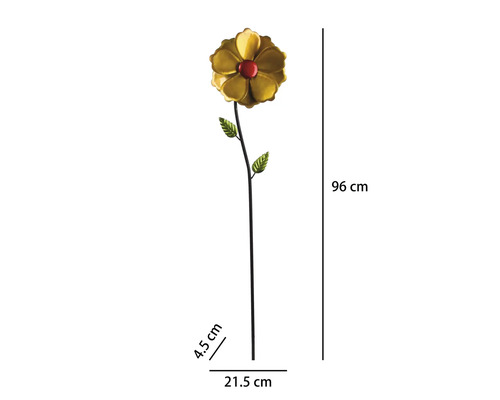 Gartenstecker Blume aus Metall, gelb und rot, 96 Zentimeter hoch, 21,5 Zentimeter breit, 4,5 Zentimeter tief.