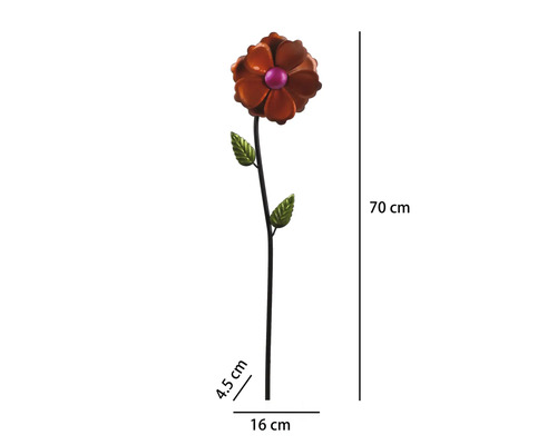 Gartenstecker Blume aus Metall, Höhe 70 Zentimeter, Breite 16 Zentimeter, Tiefe 4,5 Zentimeter.