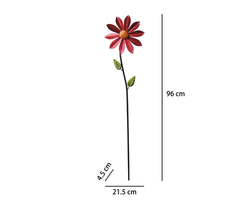 Gartenstecker Blume aus Metall, rot mit grünen Blättern, Höhe 96 Zentimeter, Breite 21,5 Zentimeter, Tiefe 4,5 Zentimeter.