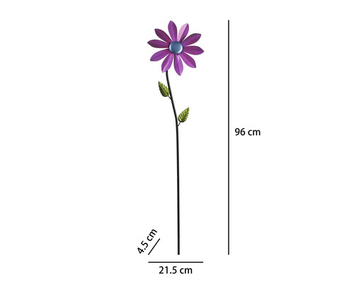 Gartenstecker Blume aus Metall, violett, Höhe 96 Zentimeter, Breite 21,5 Zentimeter.