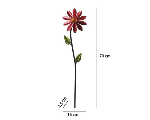 Gartenstecker aus Metall in Blumenform, Höhe 70 Zentimeter, Breite 16 Zentimeter, rot, grün und schwarz.